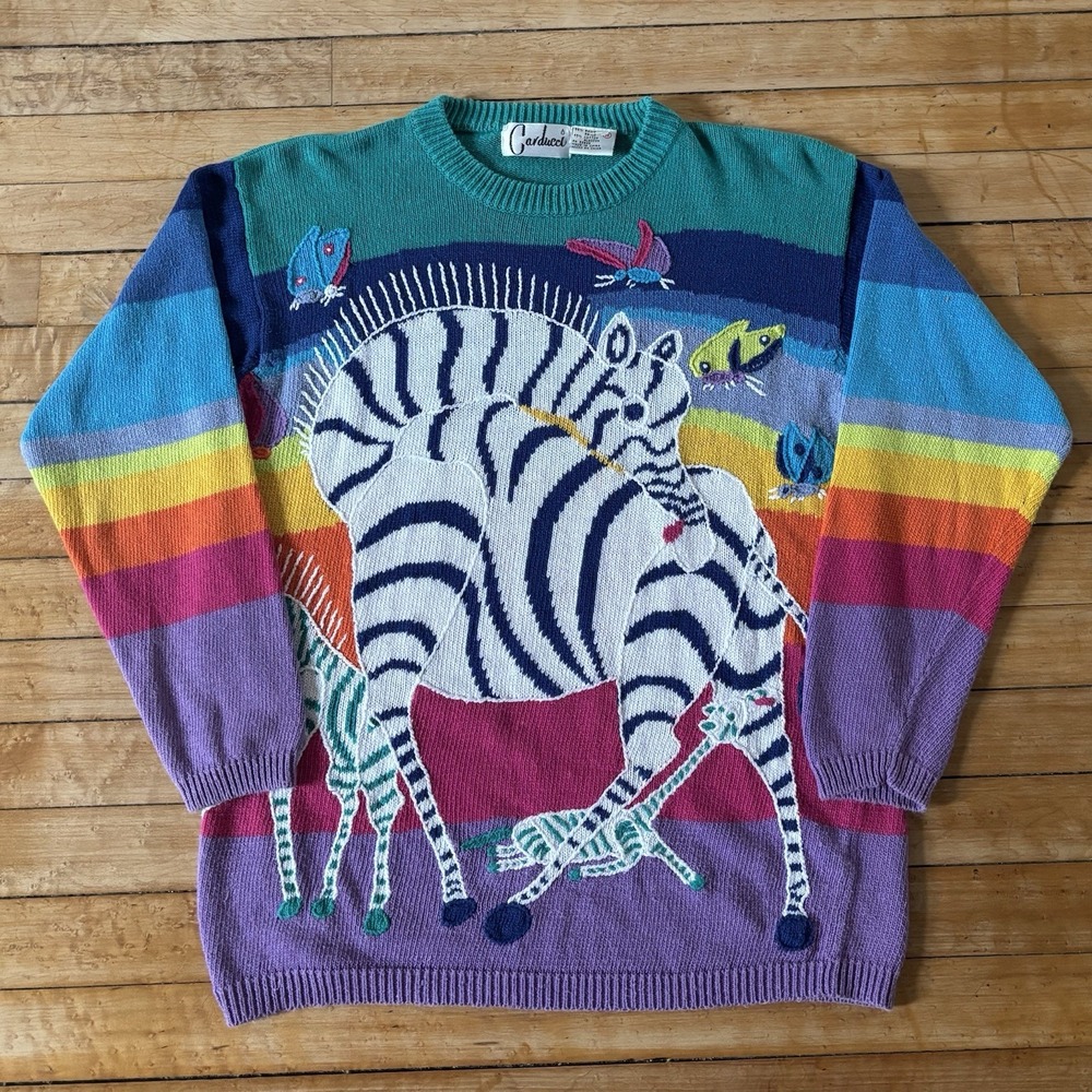 VTG 80s Carducci Rainbow Sweater AOP Butterfly Zebra Knit Abstract Size M RARE